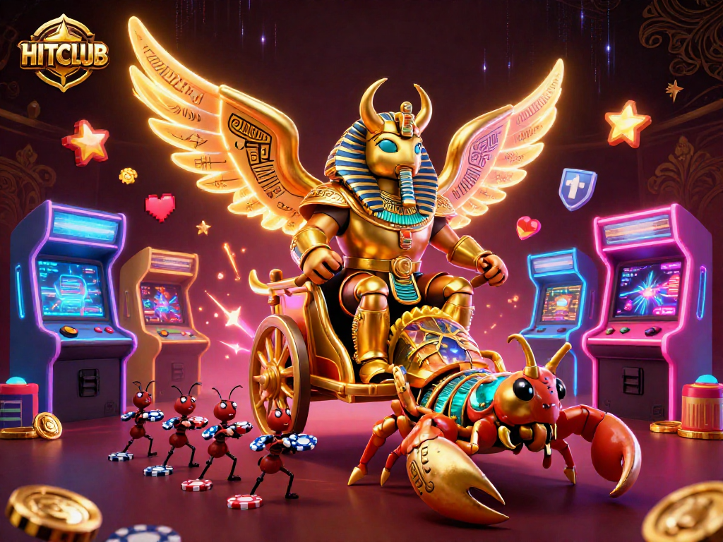 Experience thrilling gameplay at HITCLUB with colorful arcade games, poker chips, and vibrant elements.