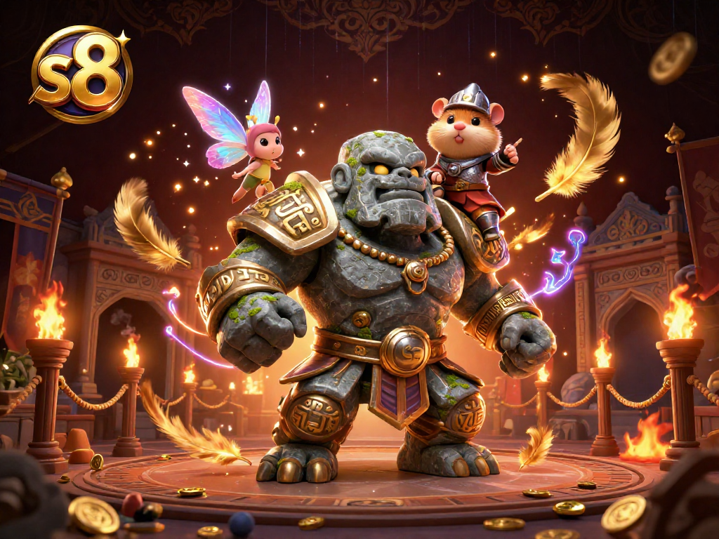 Experience thrilling moments at s8 with a magical golem and fairy in an enchanting casino arena.