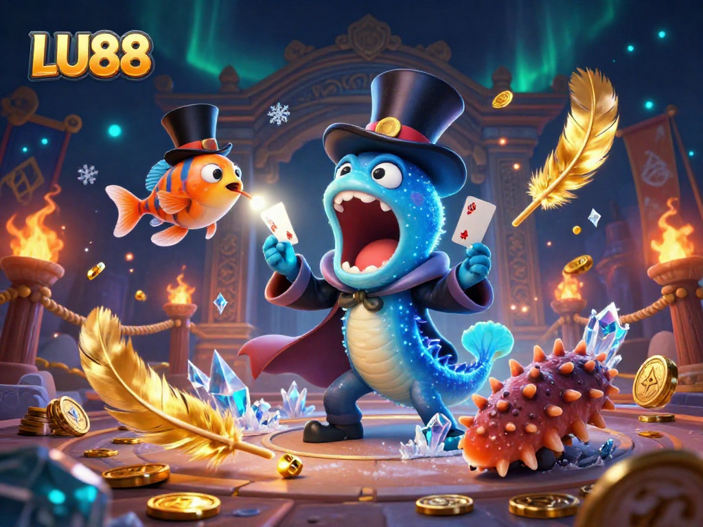 LU88 captures thrilling moments with bioluminescent characters performing stunning acts in a vibrant gambling scene
