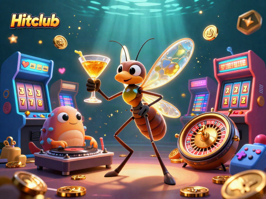 Engage with Hitclub's lively casino scene featuring a mosquito mascot, trilobite DJ, and a golden roulette wheel.