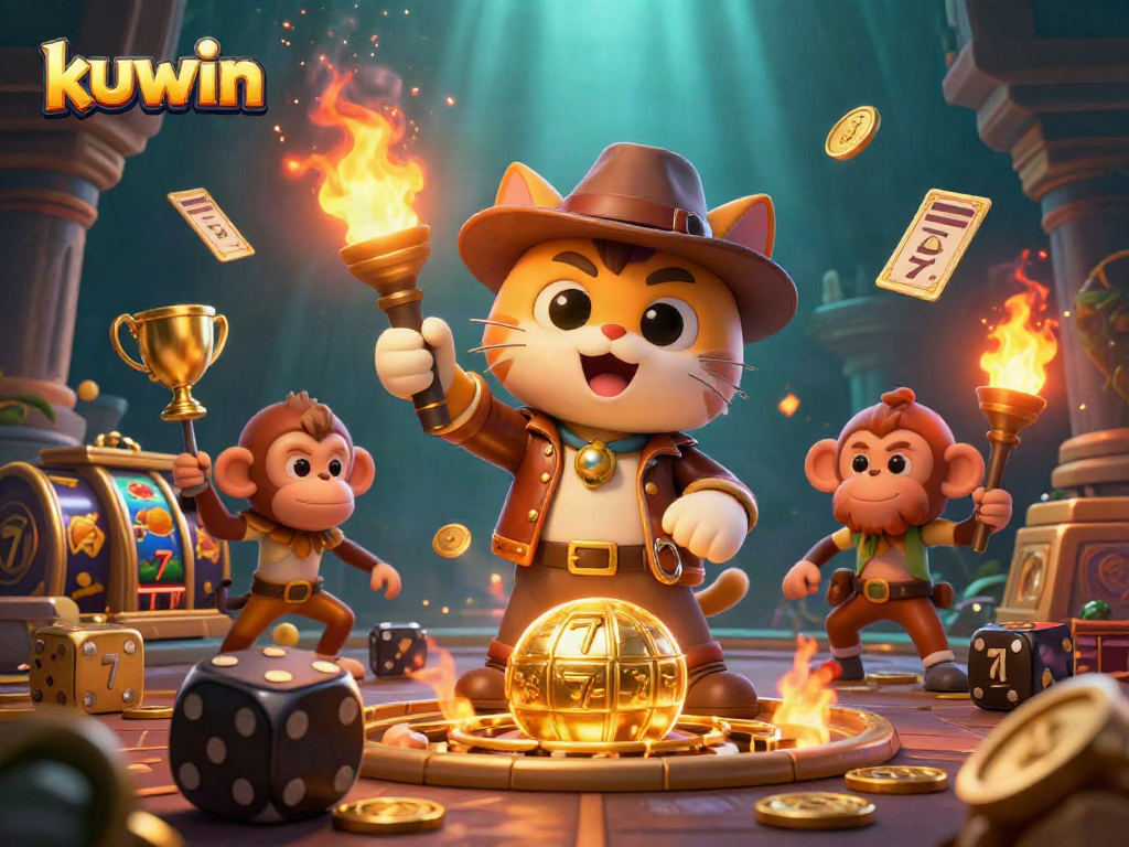 Kuwin's energetic cat explorer finds casino treasures amid dynamic slot reels.