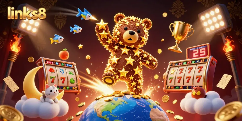 Engage with link s8 exciting online slots illustration, showcasing vibrant casino elements and characters.