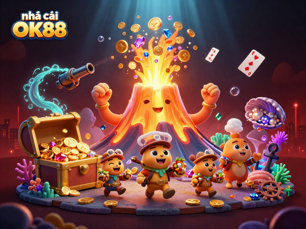Spin the reels at nhà cái OK88, where a lively golden volcano erupts treasures amidst vibrant gaming elements!