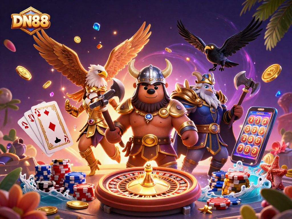 Experience the thrill of DN88 with a vivid 3D illustration showcasing epic casino elements, golden coins, and animated game features.