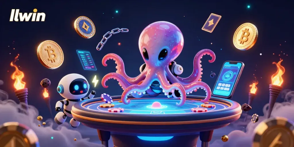 Engage with llwin's exciting poker scene featuring 3D alien characters and dynamic crypto elements.