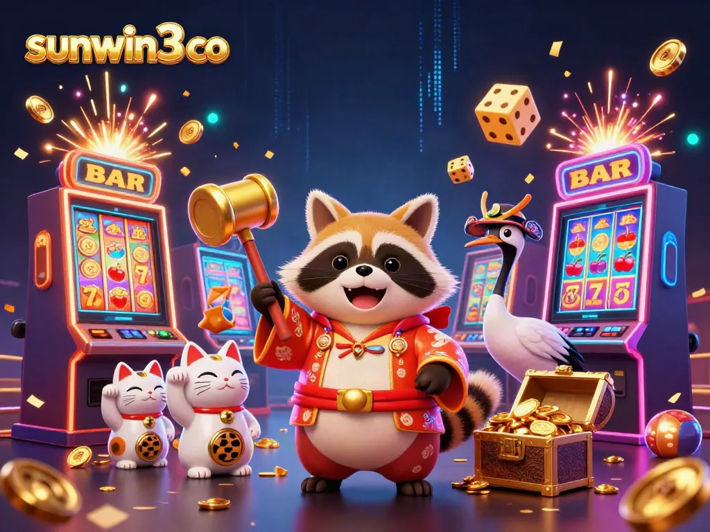 Experience the excitement of sunwin3 co with a dynamic casino-themed scene featuring a cheerful tanuki and lucky symbols.
