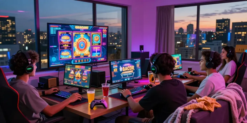 Teman-teman bersenang-senang bermain slot gacor di ruang permainan modern, dipenuhi suasana ceria dan penerangan LED.