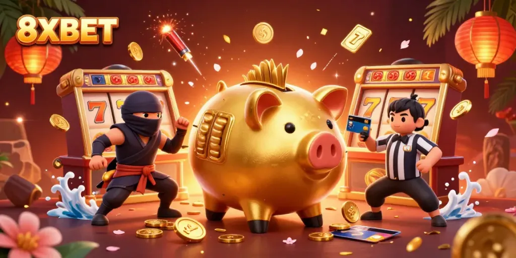 Join the exciting 8XBET gaming experience with a dynamic cartoon illustration of a sumo wrestler piggy bank and vibrant casino elements.