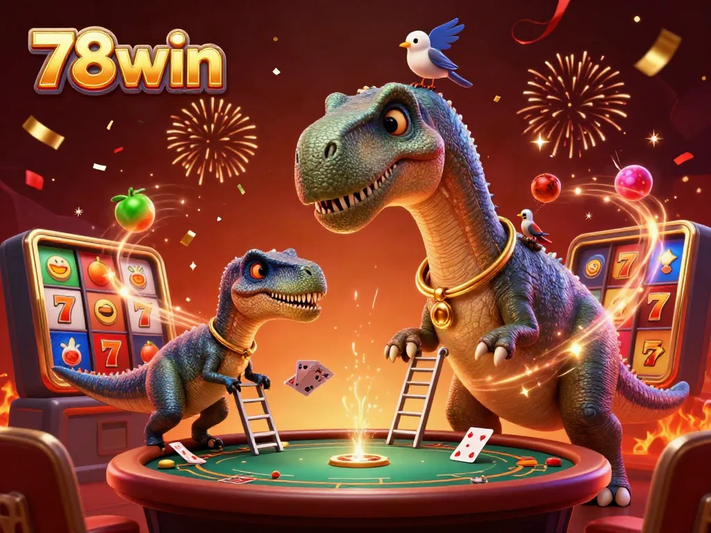 Engaging 78win casino illustration showcasing a whimsical scene with a giant brontosaurus and raptor dealer amidst slot machine excitement.