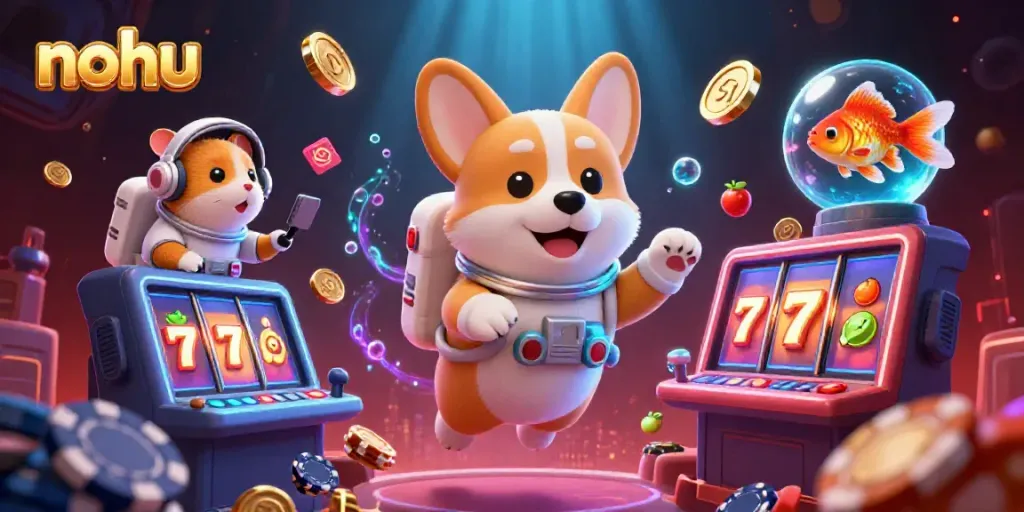 Nohu reveals a cosmic casino adventure with vibrant 3D characters exploring a jackpot scene.