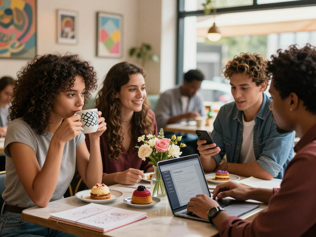 Friends enjoying time together at a café while using the F168 dating app on a laptop, creating a lively social atmosphere.