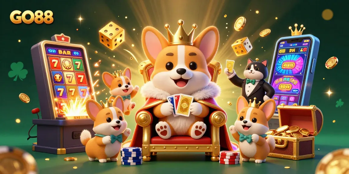 Experience GO88 gaming joy, with royal corgi, jackpot thrill, and vibrant casino atmosphere.