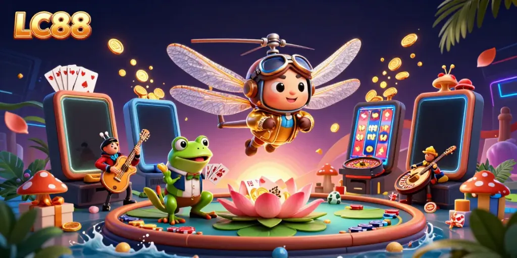 Play exciting casino games at LC88 with a dynamic scene showcasing vibrant characters and thrilling actions.