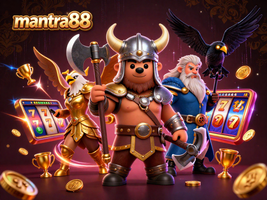 Engage in thrilling gameplay at mantra88 with a vibrant 3D casino scene featuring dynamic slot reels and golden trophy cups.