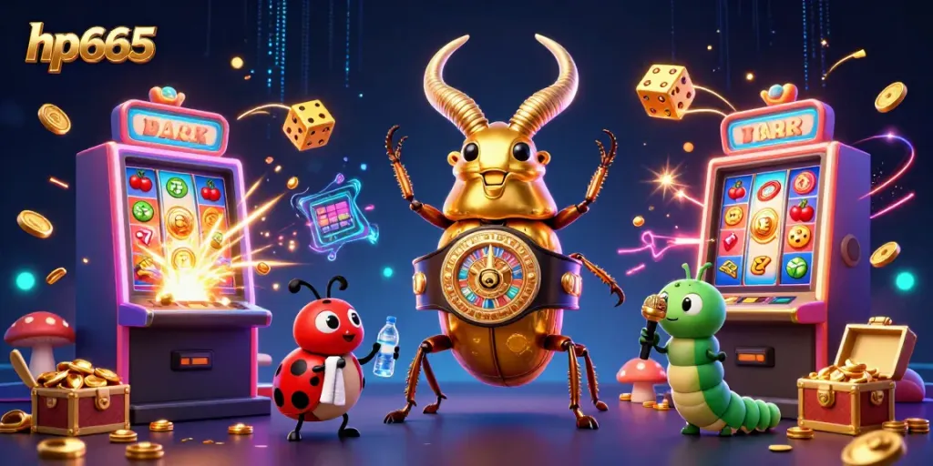 Engage in thrilling hp665 casino action with a golden stag beetle, ladybug, and caterpillar among slot machine excitement.