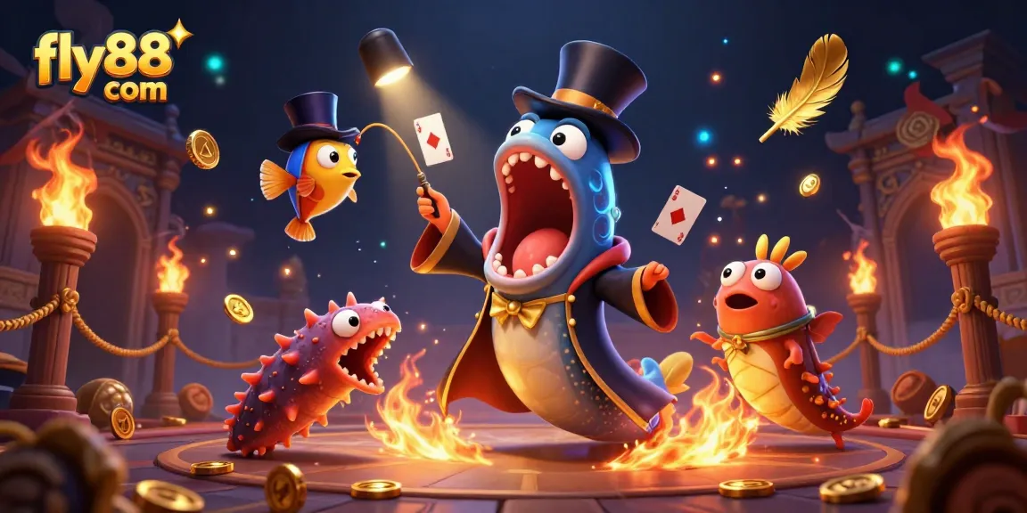 Experience magic with fly88 com as a deep-sea eel performs thrilling card tricks in a vibrant casino scene.