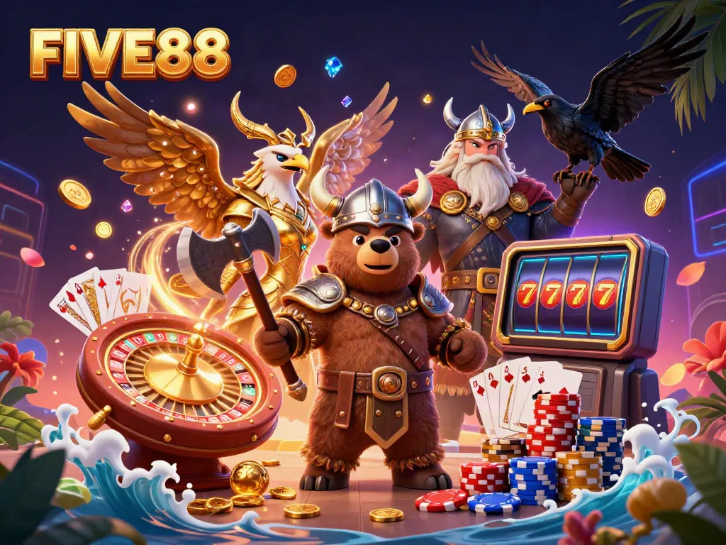 Experience the excitement of FIVE88 with dazzling casino elements and vivid characters.