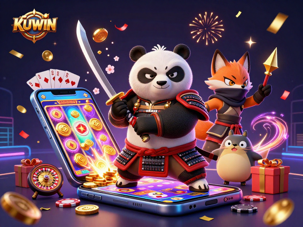 Engage with KUWIN's thrilling gaming world featuring dynamic characters and casino elements.