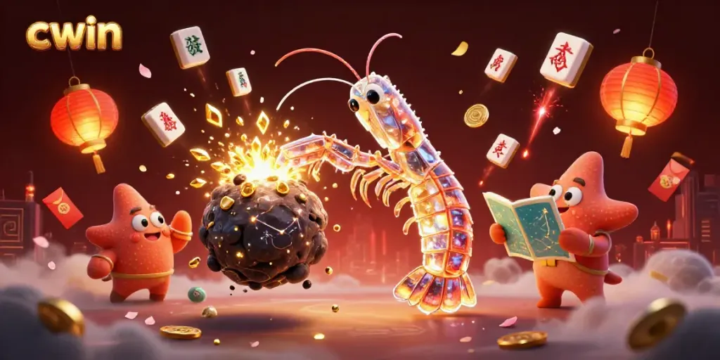 Cwin showcases a vibrant 3D casino scene with a samurai mantis shrimp amid exploding gems.