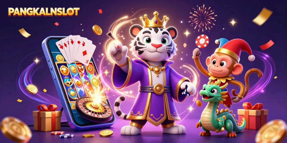PANGKALANSLOT illustration showcasing a vibrant casino scene with a cartoon tiger and monkey amid slot games.