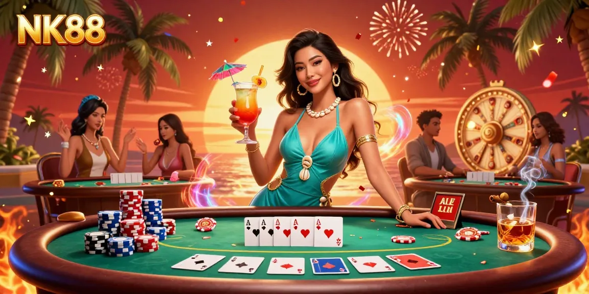 Experience the thrill of NK88 at a vibrant beach casino with festive gameplay elements.