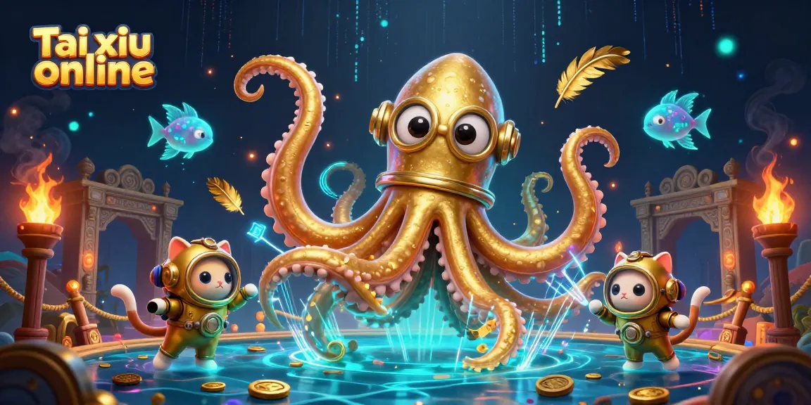 Tai xiu online excitement with a colossal kraken and diving cat, surrounded by vibrant casino elements.