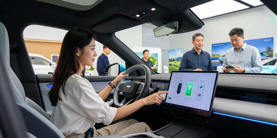EV technology showcased in a modern showroom with potential buyers exploring the features of an electric vehicle.