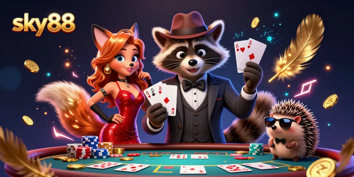 Experience the excitement of sky88 with a raccoon holding a royal flush at a vibrant poker table.