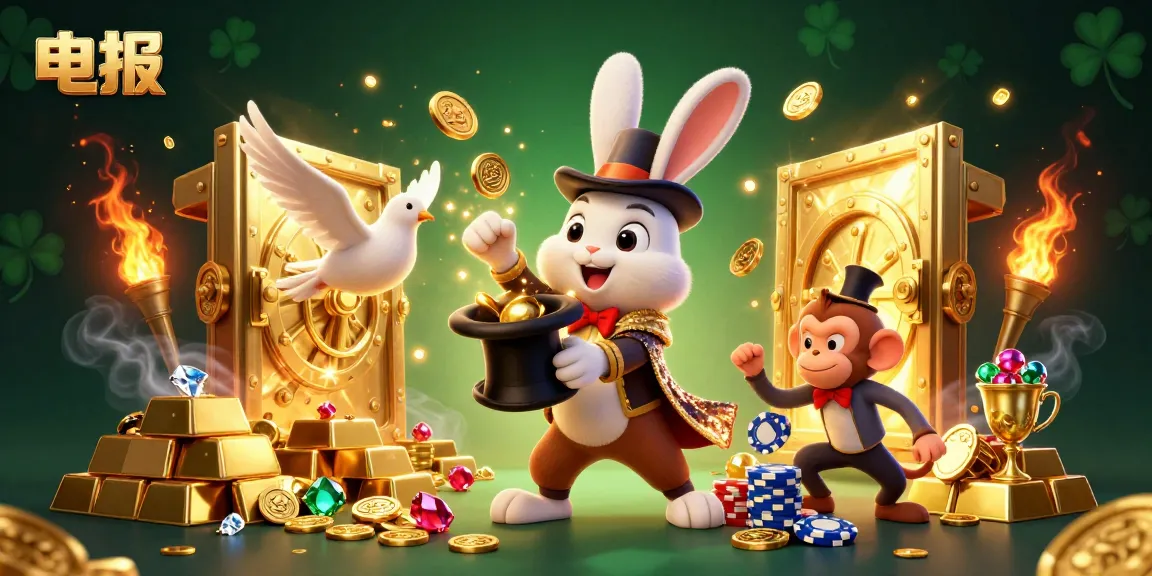 体验电报的魔力，3D魔术兔子拉出硬币，周围环绕着耀眼的赌场财宝。