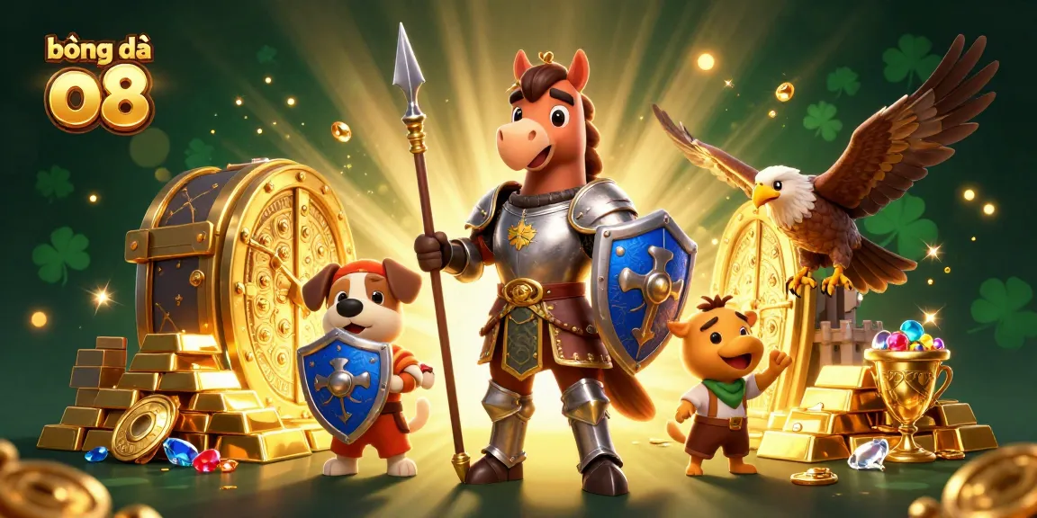 Experience the excitement of bóng đá o8 in a dynamic casino scene featuring a knight, puppy, and falcon amidst treasure.