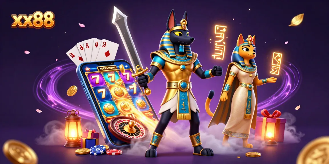 Play thrilling slots with xx88, featuring Anubis and Bastet amidst a vibrant casino scene.