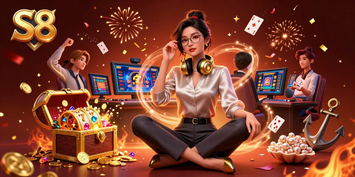 S8 casino experience featuring a glamorous Asian woman at a dynamic gaming setup surrounded by jackpots and slot elements.