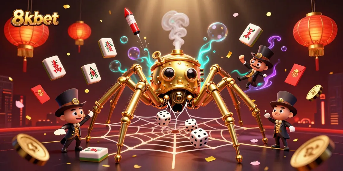 8xbet's steampunk spider catches dice in a vibrant casino-themed scene with mahjong tiles.