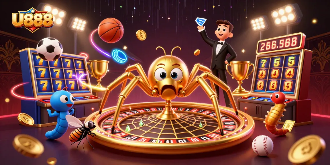 Engage in thrilling bets with U888 at the dynamic 3D casino world featuring a golden spider and vibrant game elements.