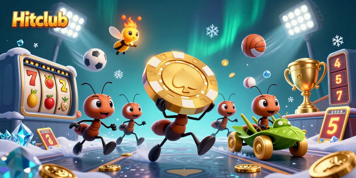 Experience the excitement of Hitclub with an energetic scene of ants heisting a giant poker chip.