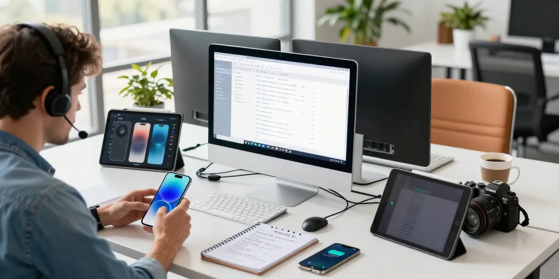 爱思助手技术支持场景，技术员在办公桌上维修iPhone并使用诊断软件分析设备数据。