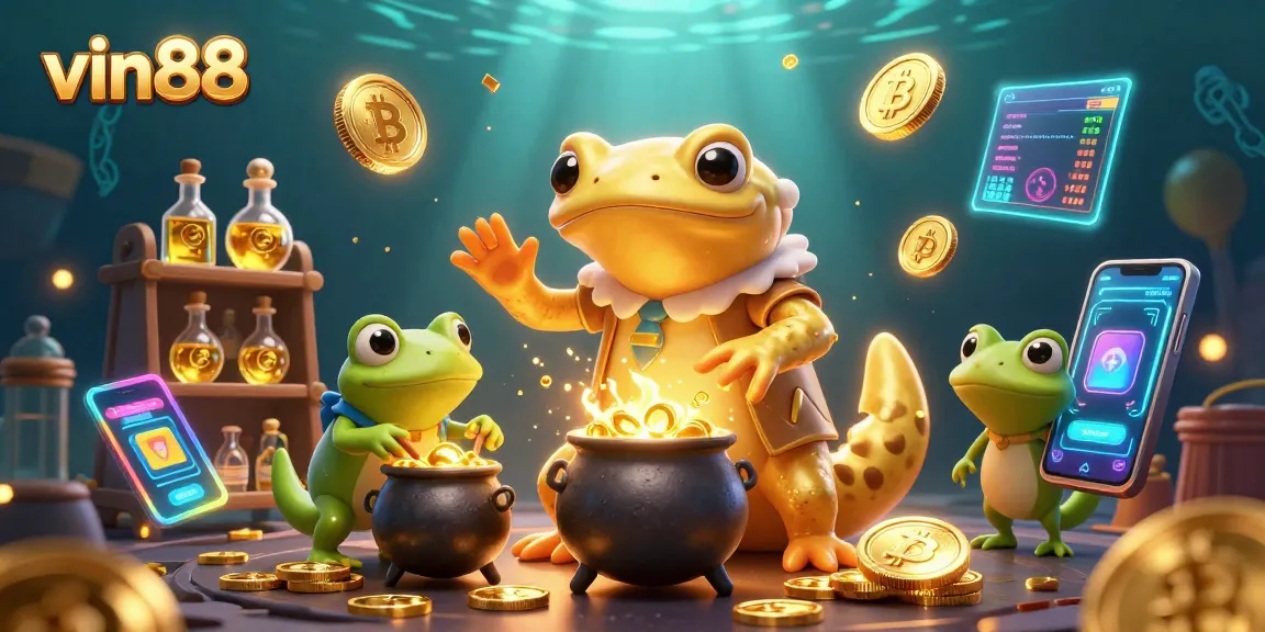 Experience vin88's vibrant gaming world with a golden salamander alchemist and dynamic crypto elements.