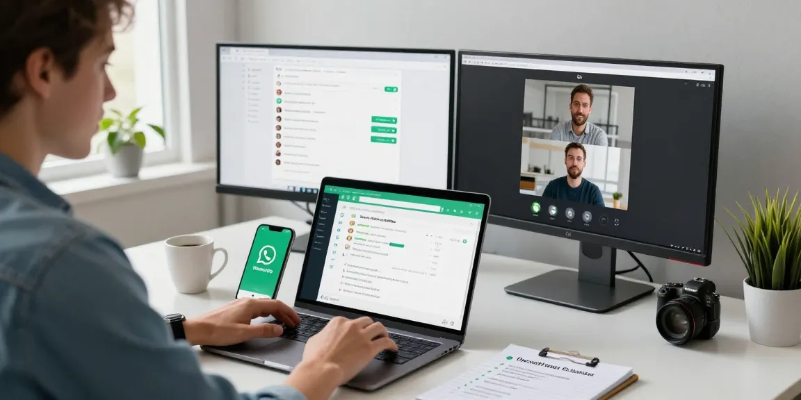 User engaging with WhatsApp電腦版 on a laptop in a modern office