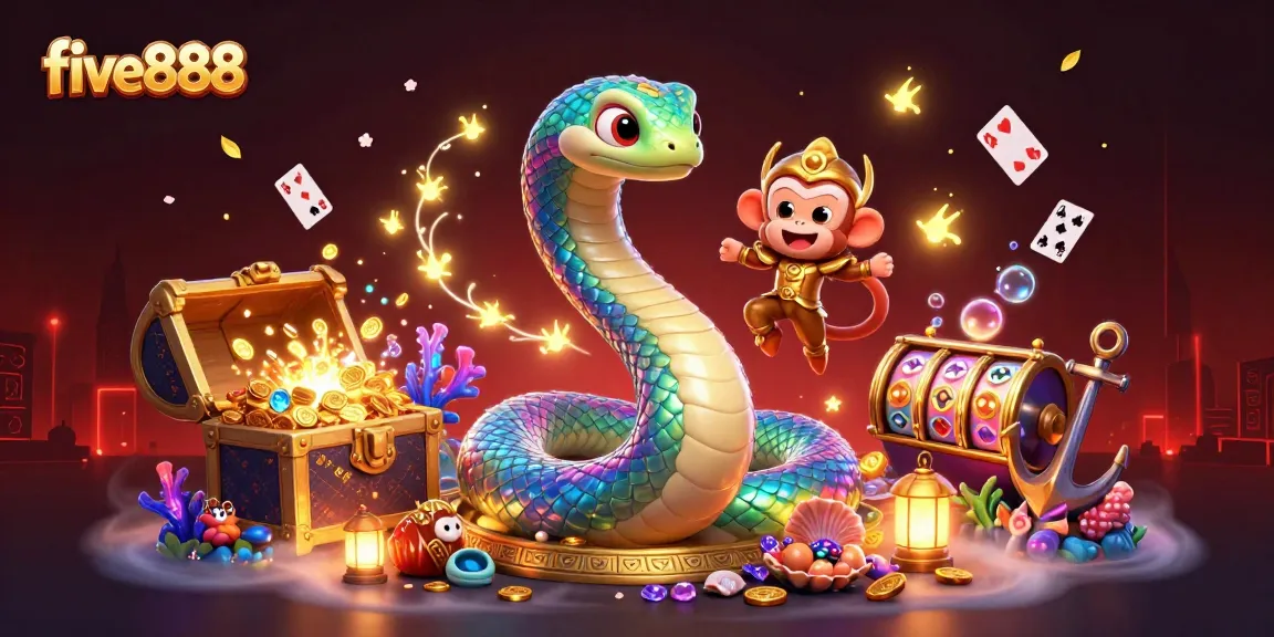 Engage in thrilling gaming action with five888 in a vibrant casino illustration featuring lavish treasures.