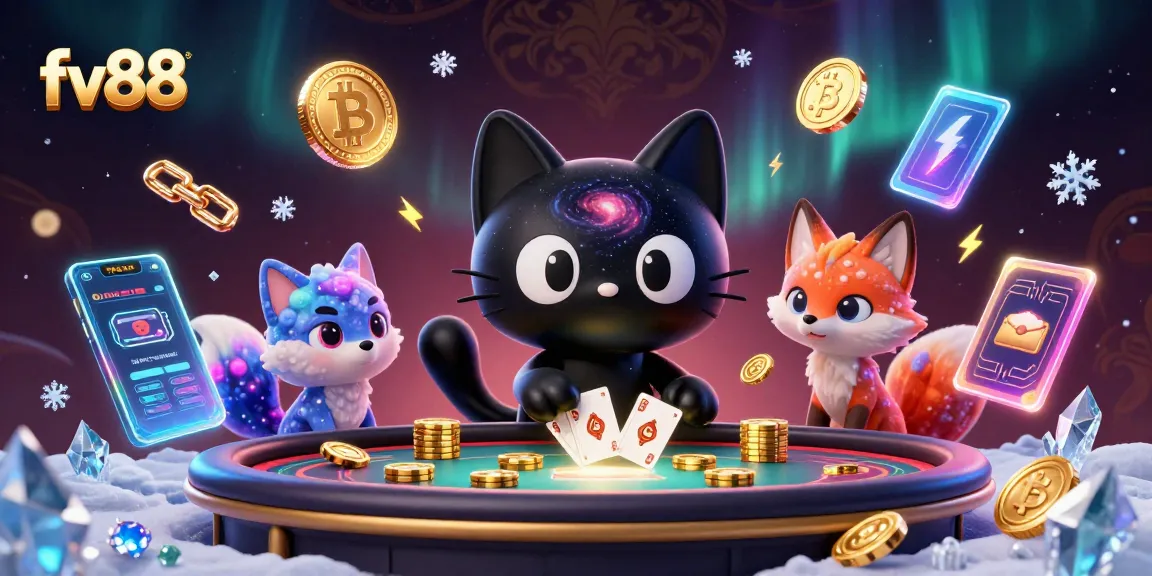 Experience dynamic gambling excitement with fv88 as a cosmic black hole cat attracts golden chips in a vibrant casino.