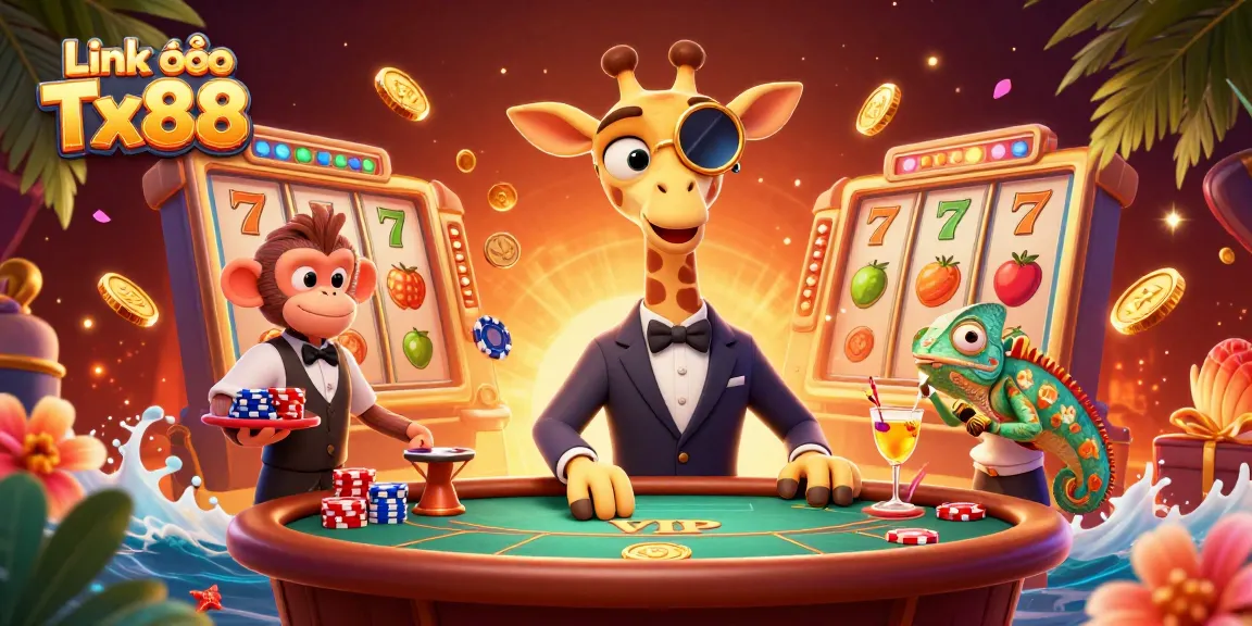Play exciting games at Link vào Tx88 with a sophisticated giraffe high-roller at a lively poker table.