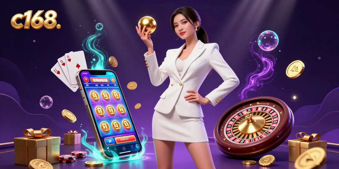 C168 platform showcases a confident Asian woman holding a roulette ball amid vibrant casino elements, emphasizing rich gaming experience.