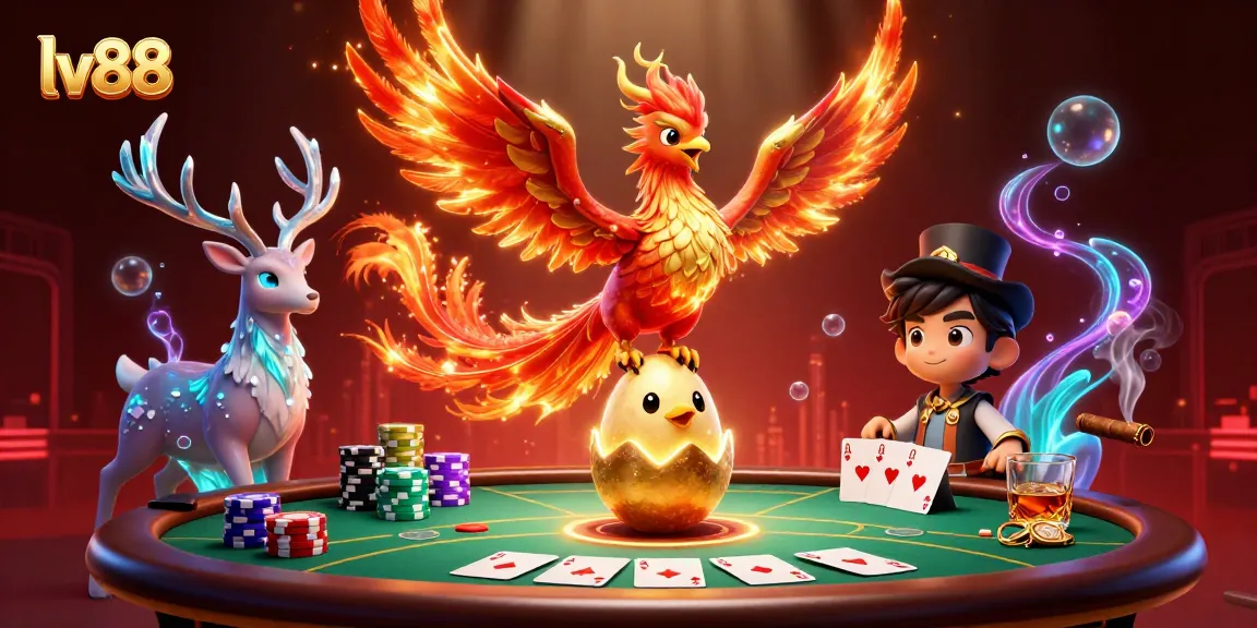 Experience thrilling gameplay at lv88, featuring a phoenix and mystical stag among vibrant poker elements.