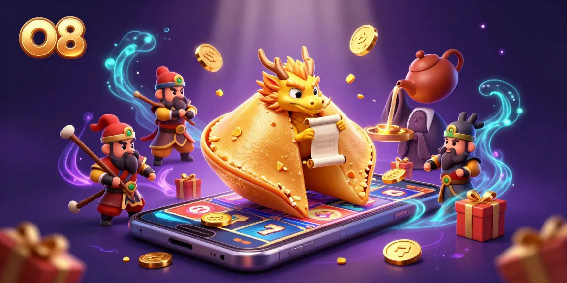 Engage with O8's exciting golden fortune cookie scene featuring a dragon and casino games.