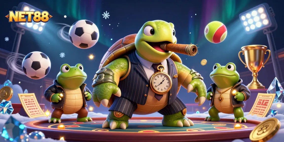 NET88 showcases a thrilling betting scene with cartoon turtle and bullfrog enforcers in action.