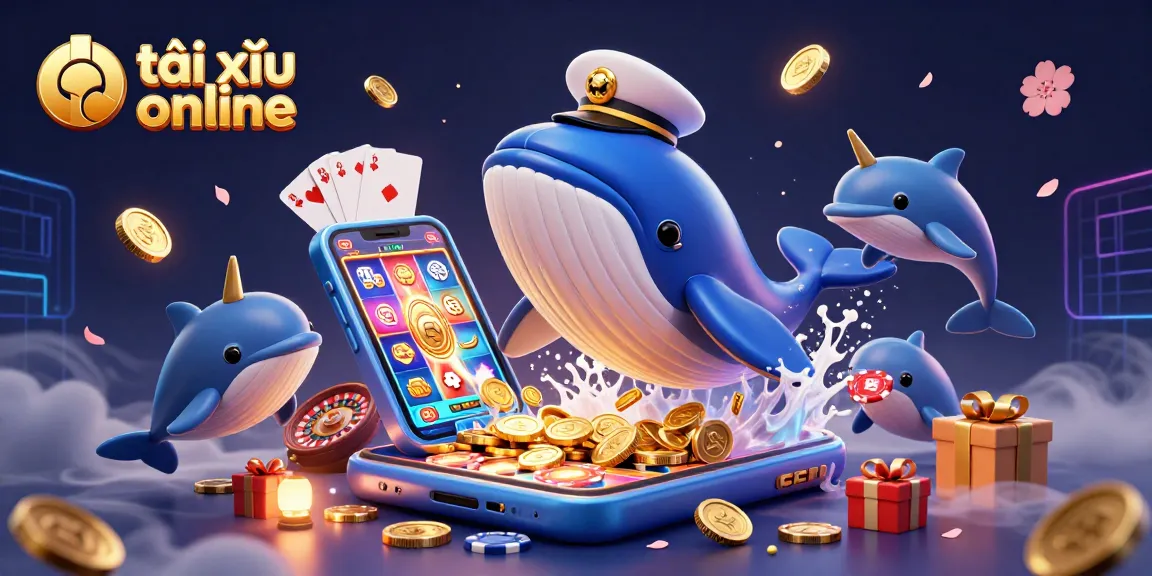 Tài xỉu online game featuring a whimsical whale and playful dolphins among coins and poker chips.
