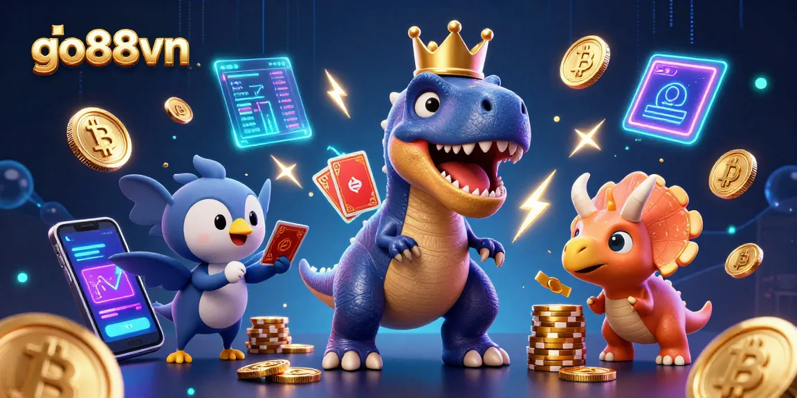 Win at go88vn with thrilling dinosaur card games and high-stakes poker chips in a vibrant casino scene.