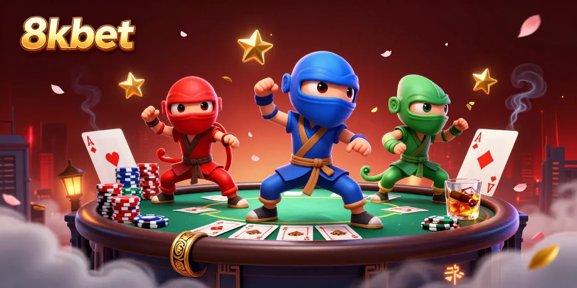 Experience thrilling action with the 8kbet ninja chameleons showcasing poker mastery in a vibrant casino scene.