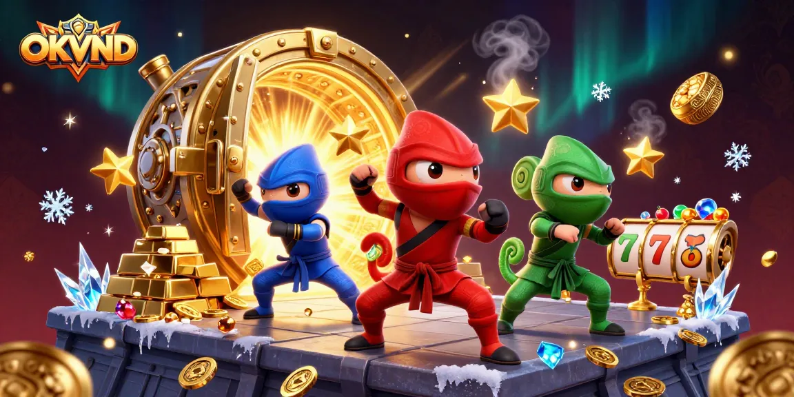 Engage with OKVND's vibrant gaming world featuring a thrilling 3D scene of chameleon ninjas celebrating jackpots.