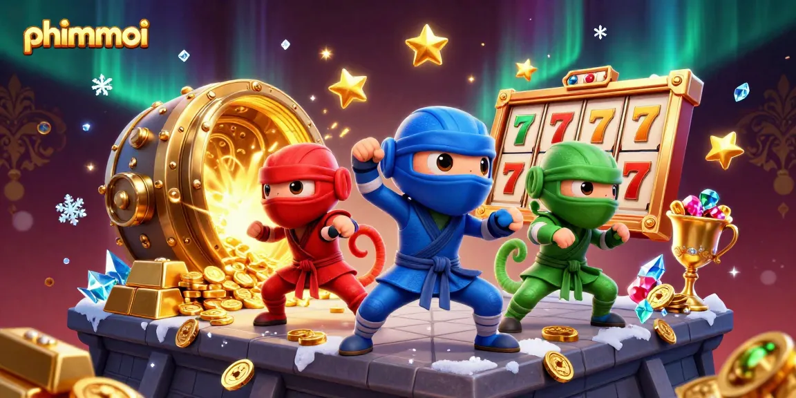 Experience thrilling gaming with phimmoi's dynamic chameleon characters amidst colorful slot reels and treasures.
